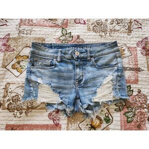 American Eagle Women's Shortie Denim Shorts Stretch Distressed Blue Size 4‎